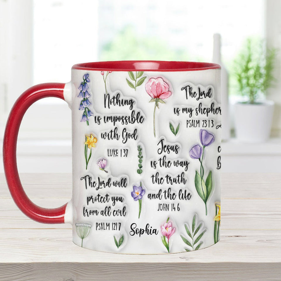 Mug chrétien personnalisé avec verset biblique et motif floral