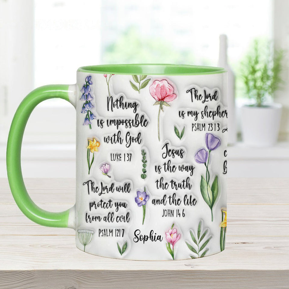 Mug chrétien personnalisé avec verset biblique et motif floral