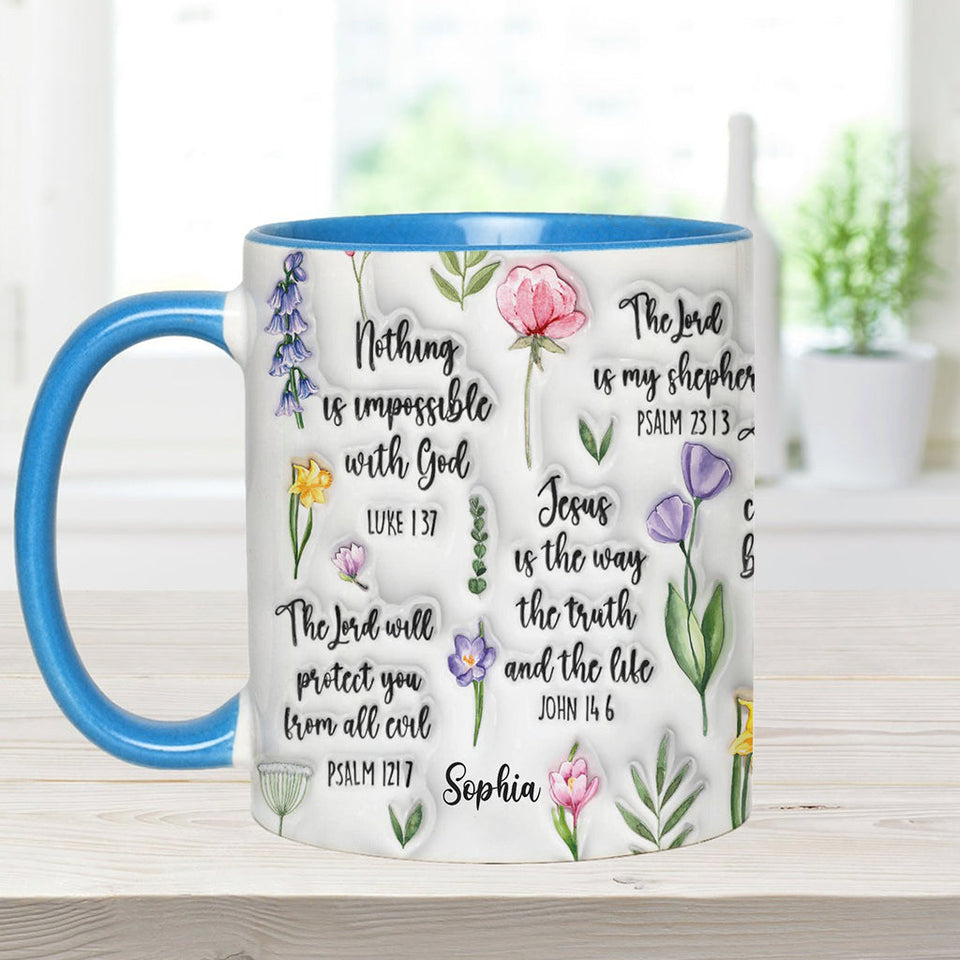Mug chrétien personnalisé avec verset biblique et motif floral