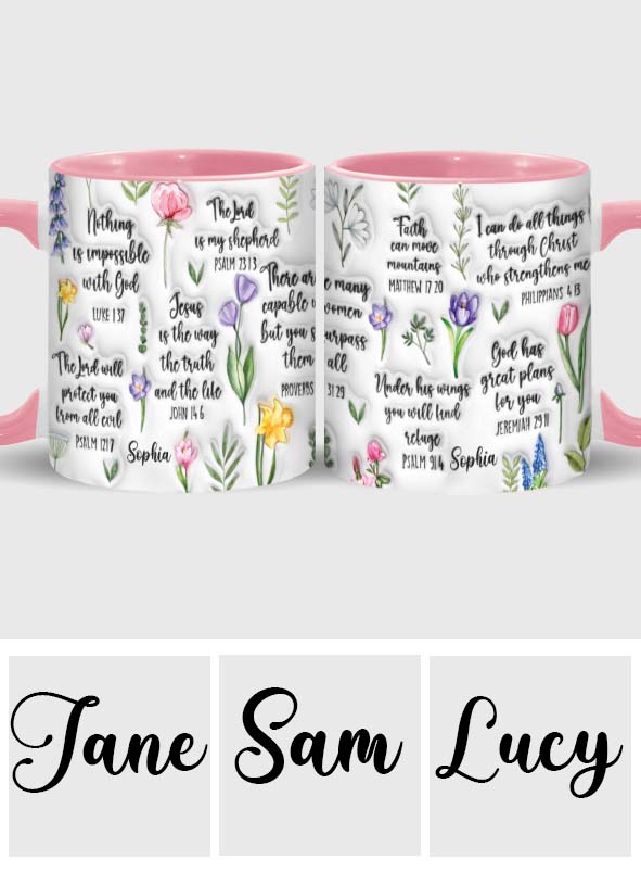 Mug chrétien personnalisé avec verset biblique et motif floral