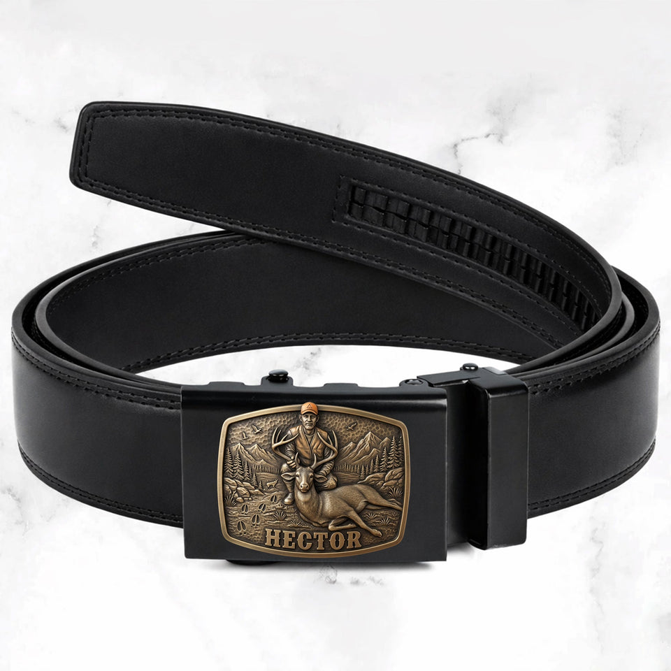 Custom Initial Name Letter Hunting Lover - Personalized Hunting Leather Belt With Shaped Buckle