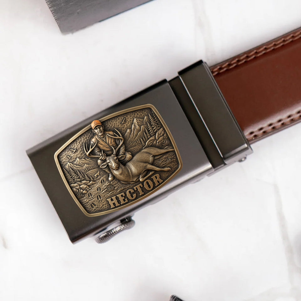 Custom Initial Name Letter Hunting Lover - Personalized Hunting Leather Belt With Shaped Buckle