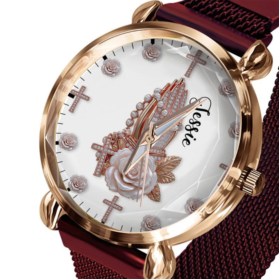 Praying Hands With Roses - Personalized Christian Women Hand Watch