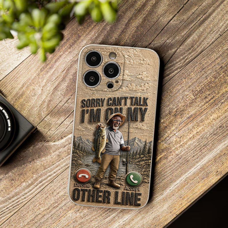 I'm On My Other Line, Fishing Lover Gift - Personalized Fishing 3D Embossed Leather Phone Case
