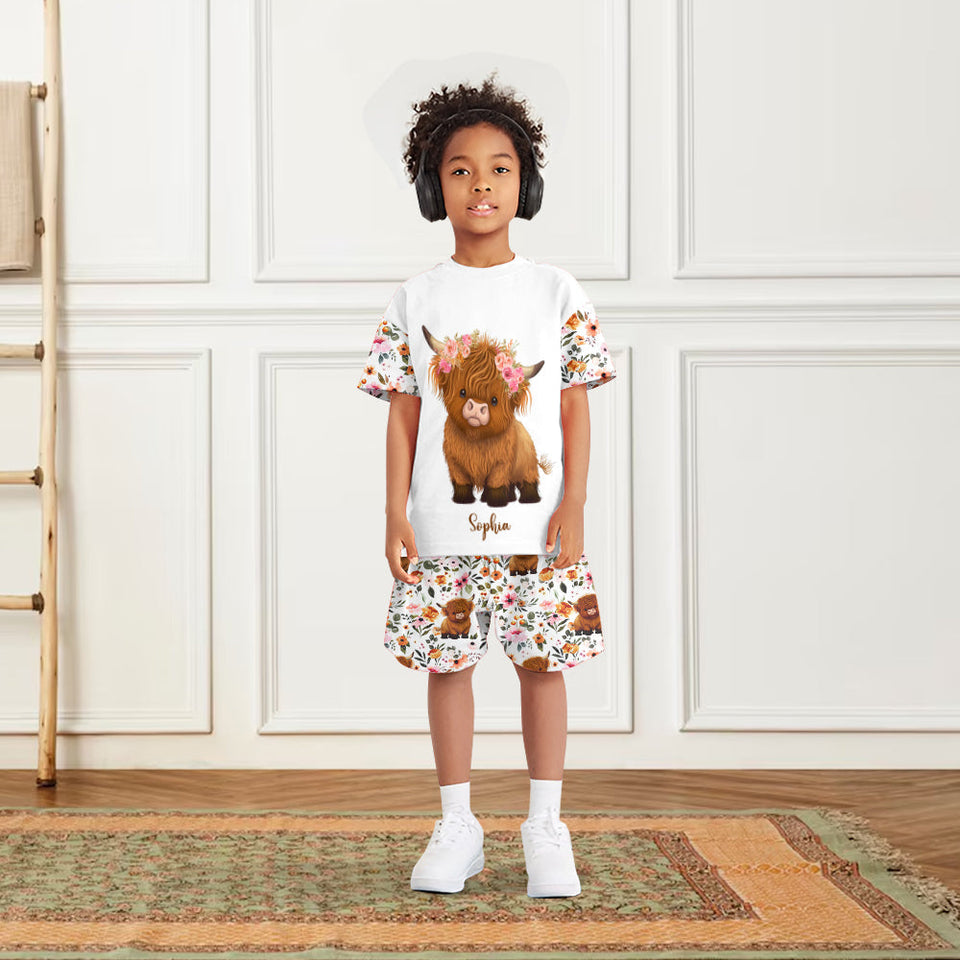 Floral Highland Cow - Personalized Highland Cow Kid T-shirt & Shorts