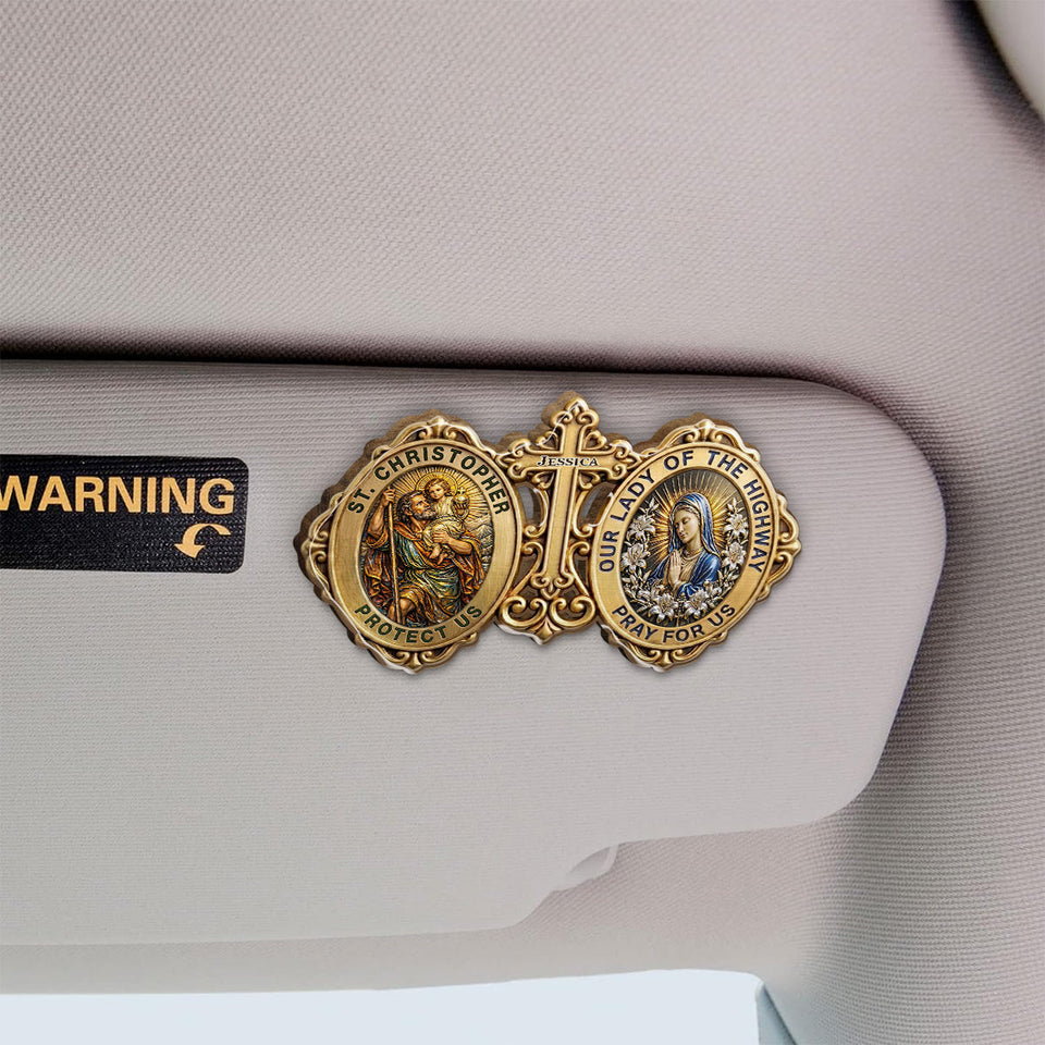 Protecting And Pray For Us - Personalized Christian Shaped Car Visor Clip