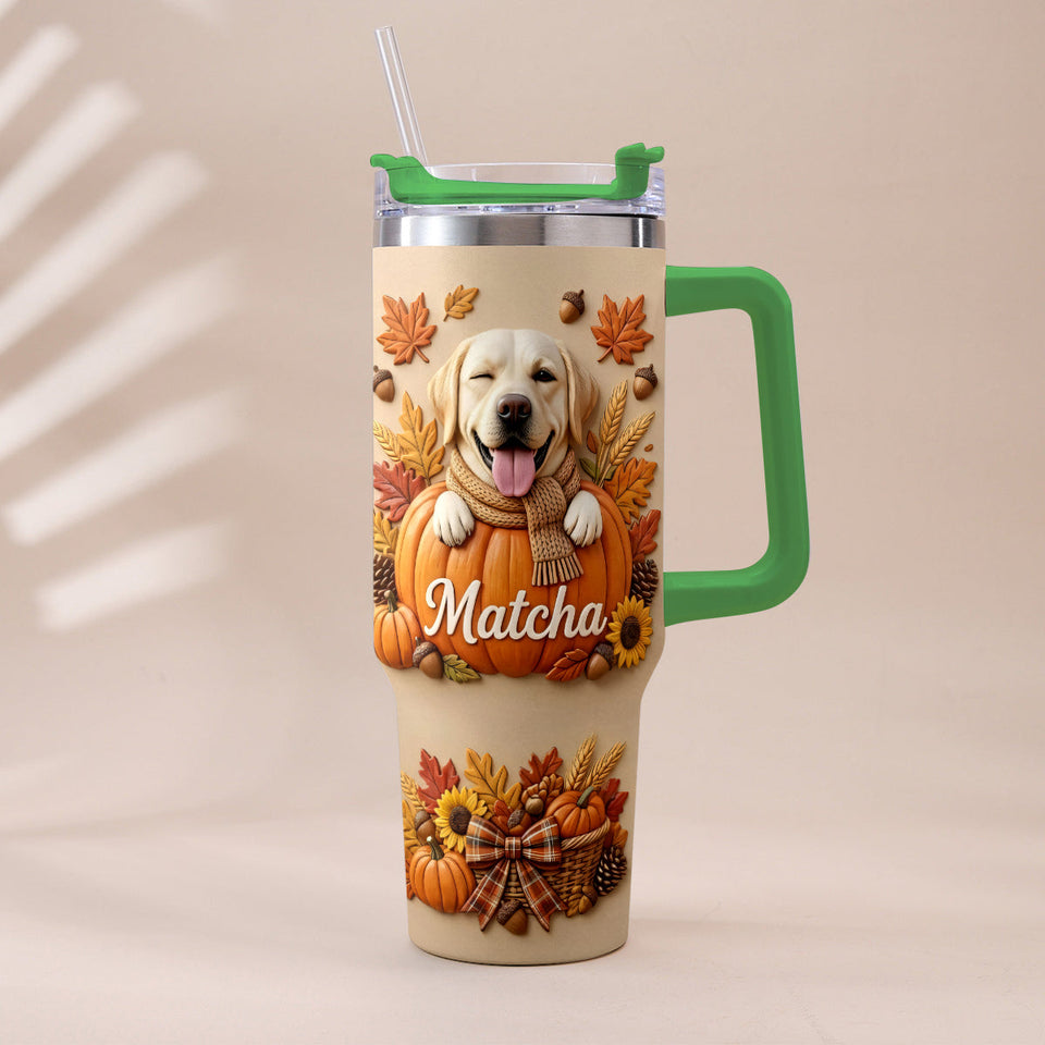 Autumn Snuggles Pumpkin Paws - Personalized Dog Tumbler With Plush Charm