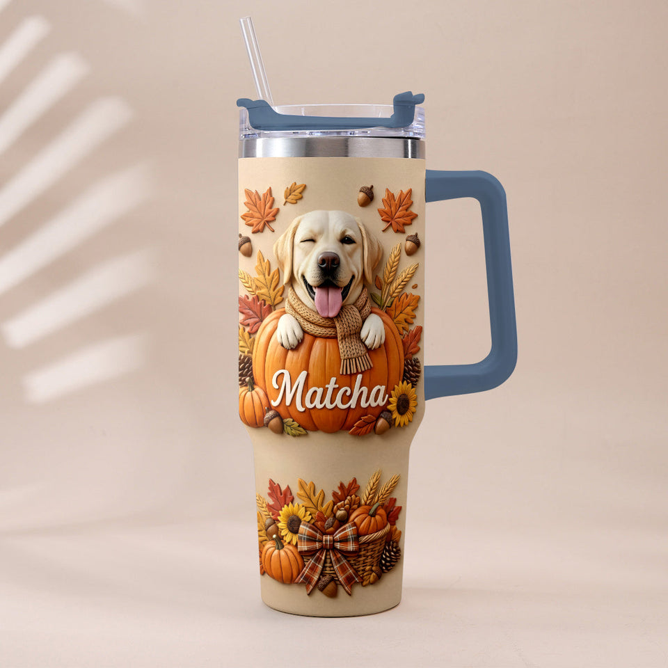Autumn Snuggles Pumpkin Paws - Personalized Dog Tumbler With Plush Charm