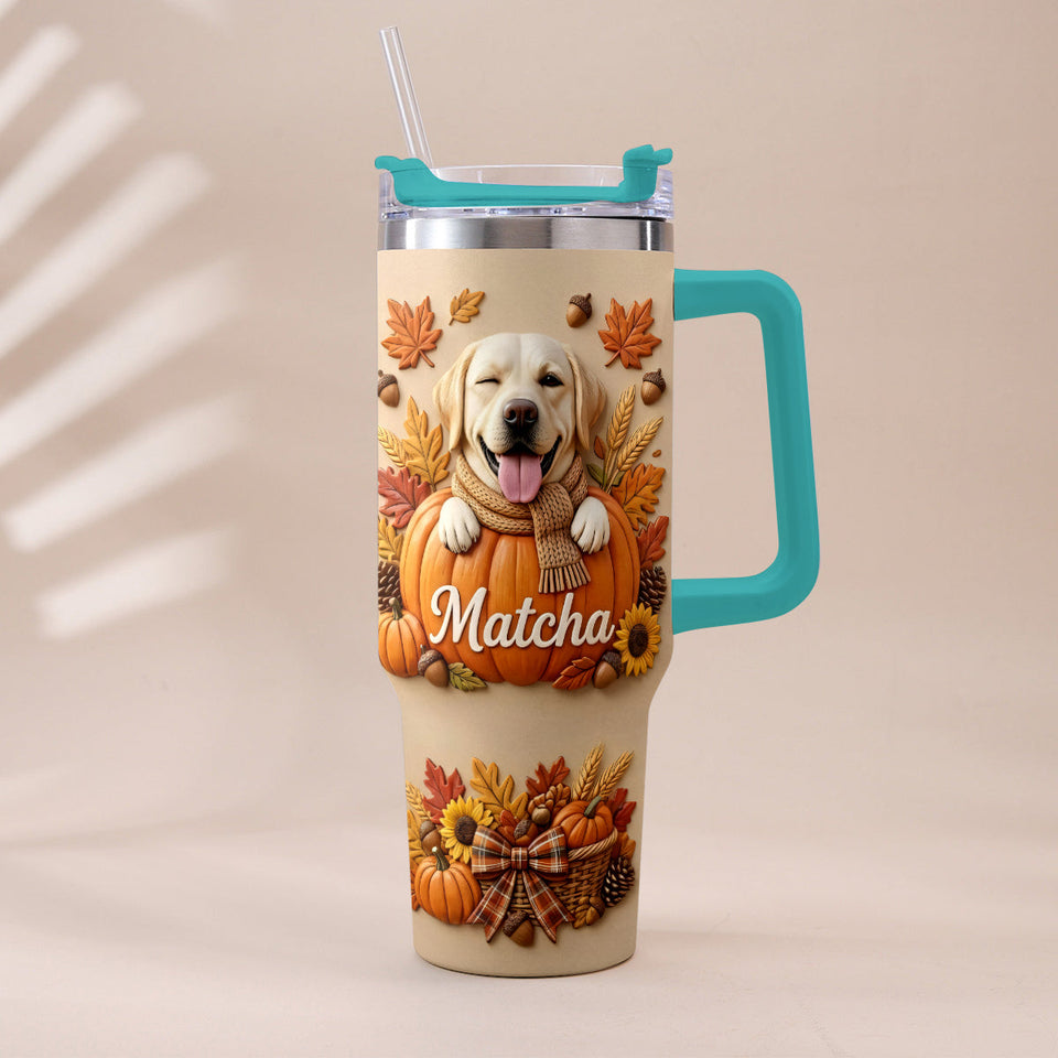 Autumn Snuggles Pumpkin Paws - Personalized Dog Tumbler With Plush Charm