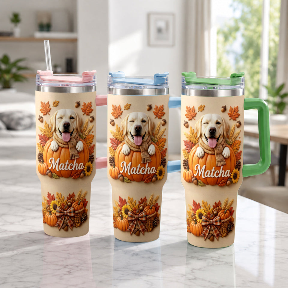 Autumn Snuggles Pumpkin Paws - Personalized Dog Tumbler With Plush Charm