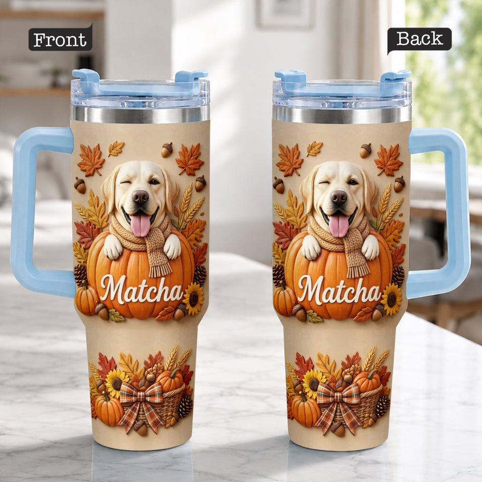 Autumn Snuggles Pumpkin Paws - Personalized Dog Tumbler With Plush Charm