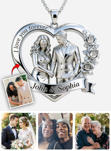 Couple Valentine Gift, I Love You Forever - Personalized Couple Shaped Metal Pendant Necklace