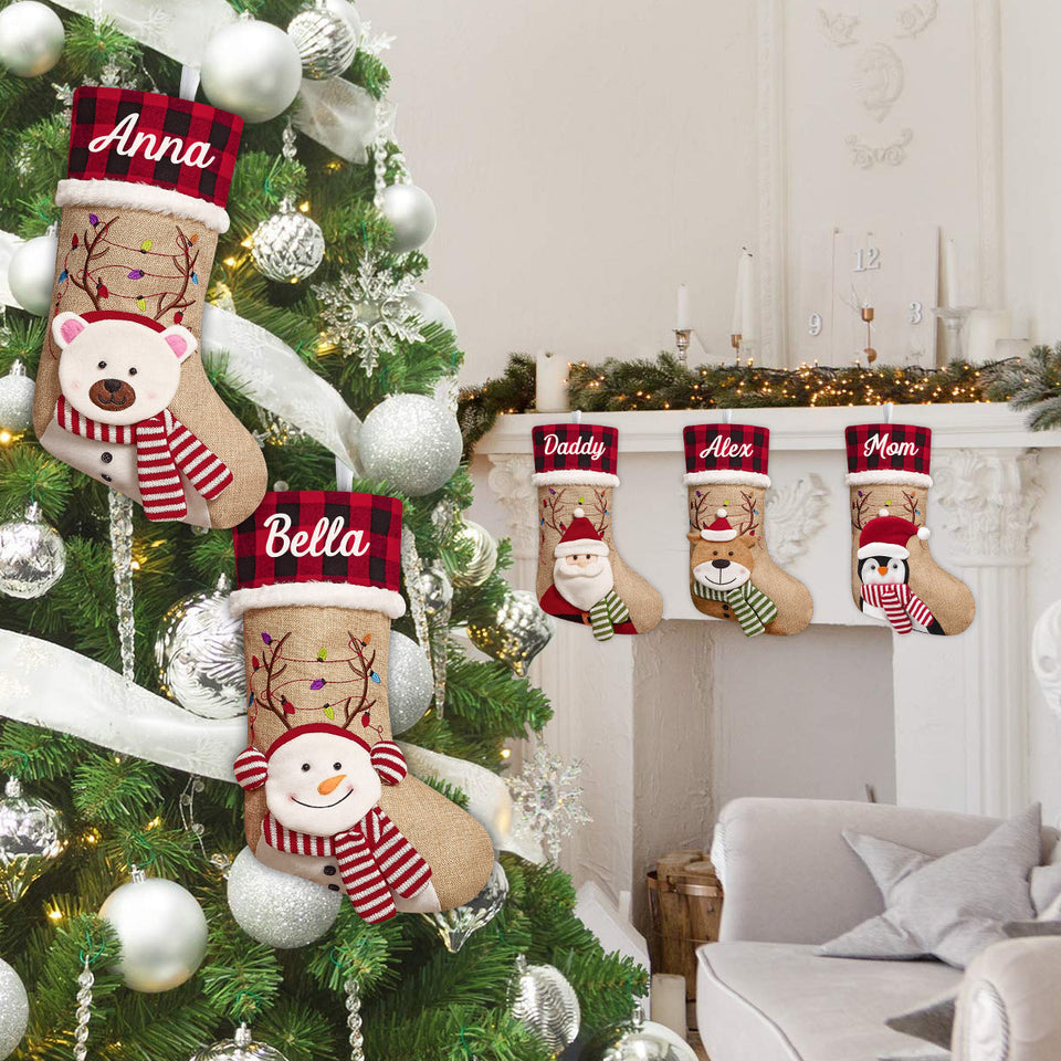 Holiday Vibes Santa Reindeer Elf Bear Snowman - Personalized Family Shaped Christmas Stocking