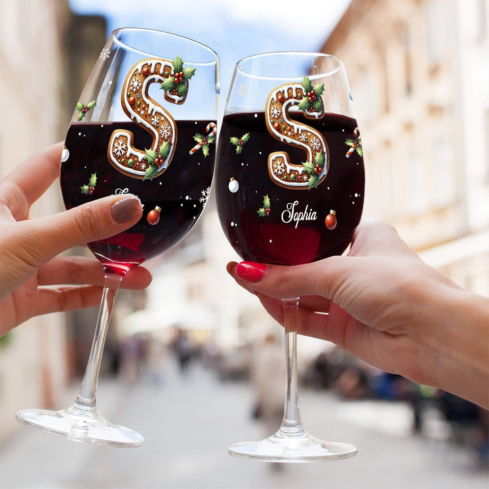 Gingerbread Letter - Personalized Family Wine Glass With Long Stem