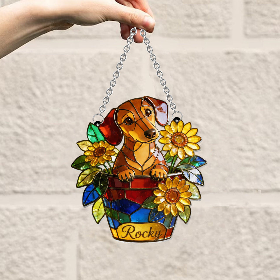 Cute Pet And Flowers - Personalized Dog Window Hanging Suncatcher Ornament