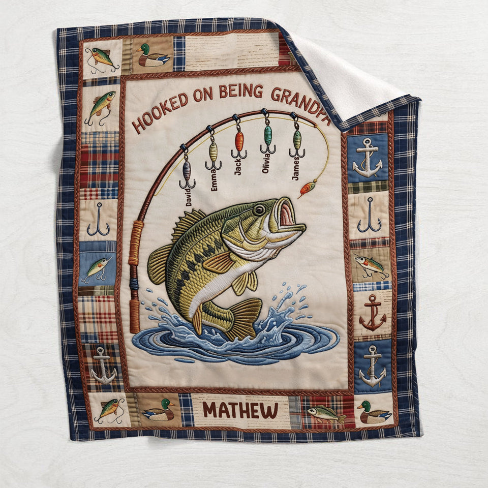 Hooked On Being Grandpa - Personalized Fishing Blanket