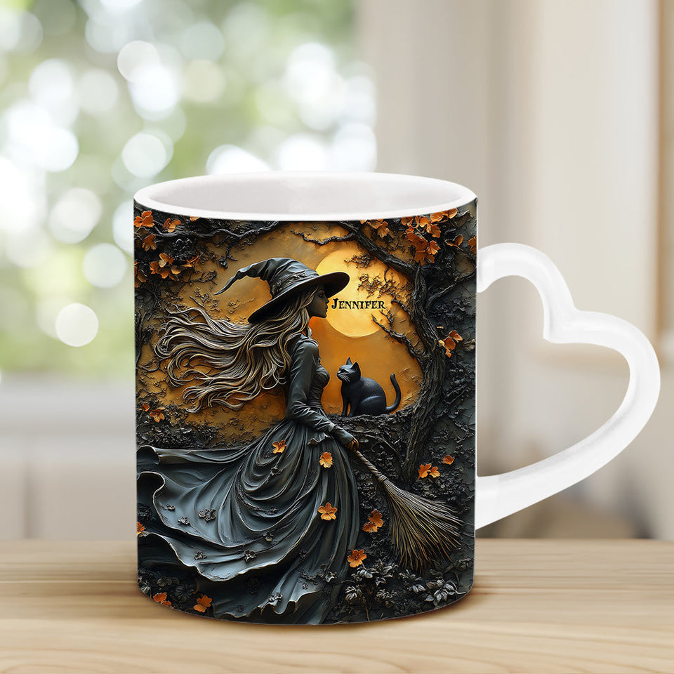 Beautiful Witch & Her Black Cat - Personalized Witch Heart Handle Mug