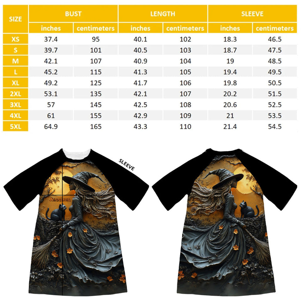 Beautiful Witch & Her Black Cat - Personalized Witch Sleep T-shirt Dress