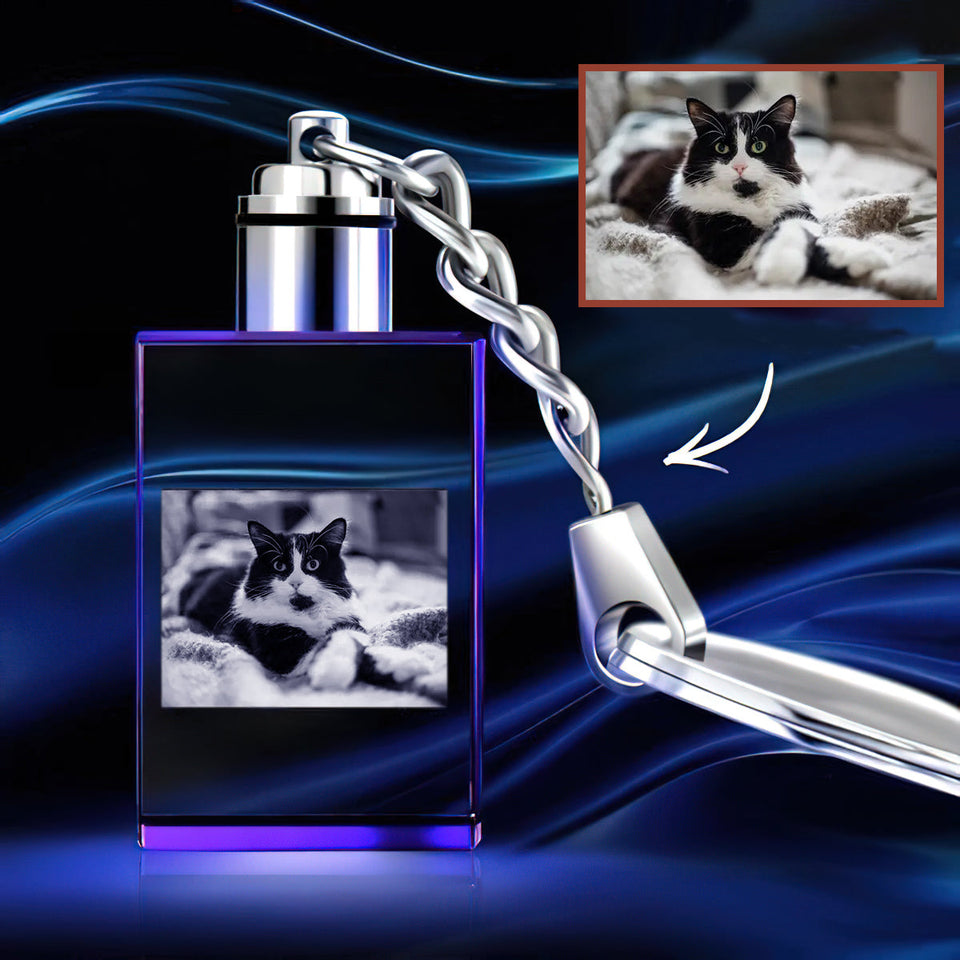Custom Photo Rectangle Crystal Led Light Keychain -  gift for anyone, dog lover, cat lover, who lost a loved one - Personalized Keychain