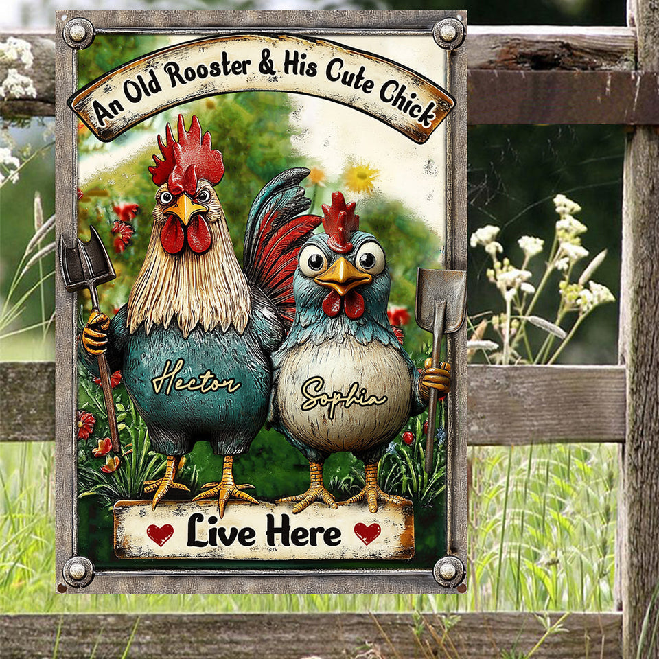 An Old Rooster & His Cute Chick Live Here - Personalized Chicken Rectangle Metal Sign