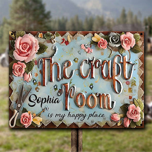 Craft Room Is My Happy Place - Personalized Sewing Rectangle Metal Sign