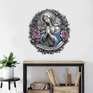 Tu es protégé(e) à jamais par Marie - Plaque en métal découpée, personnalisée, de confession chrétienne