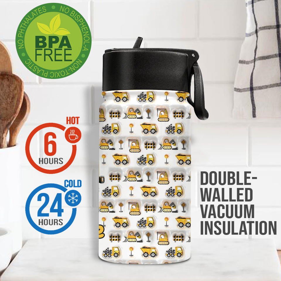 Construction Vehicles Letters - Personalized Kid Kids Water Bottle
