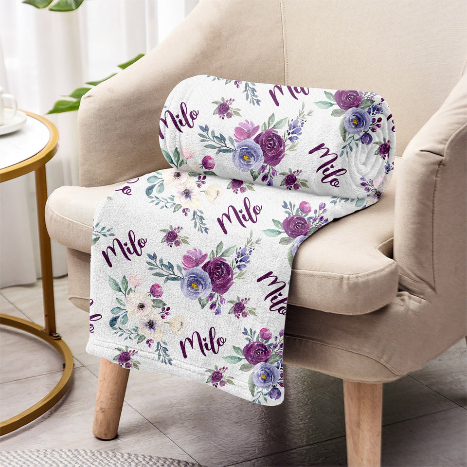 Custom Cat Name Purple Flowers - Personalized Cat Blanket
