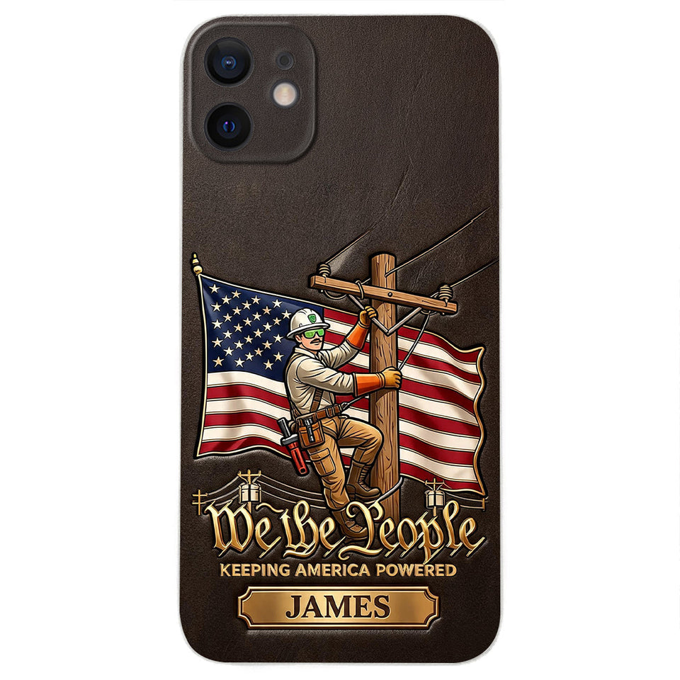 We The People - Personalized Lineman 3D Embossed Leather Phone Case