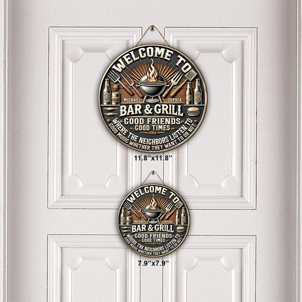 Patio Grilling Listen To The Good Music - Personalized Couple Round Wood Sign