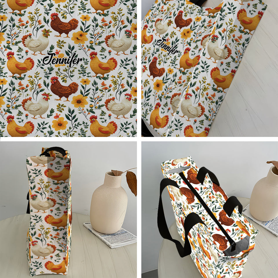 Cute Floral Chickens - Personalized Chicken All-Over Print Canvas Tote Bag