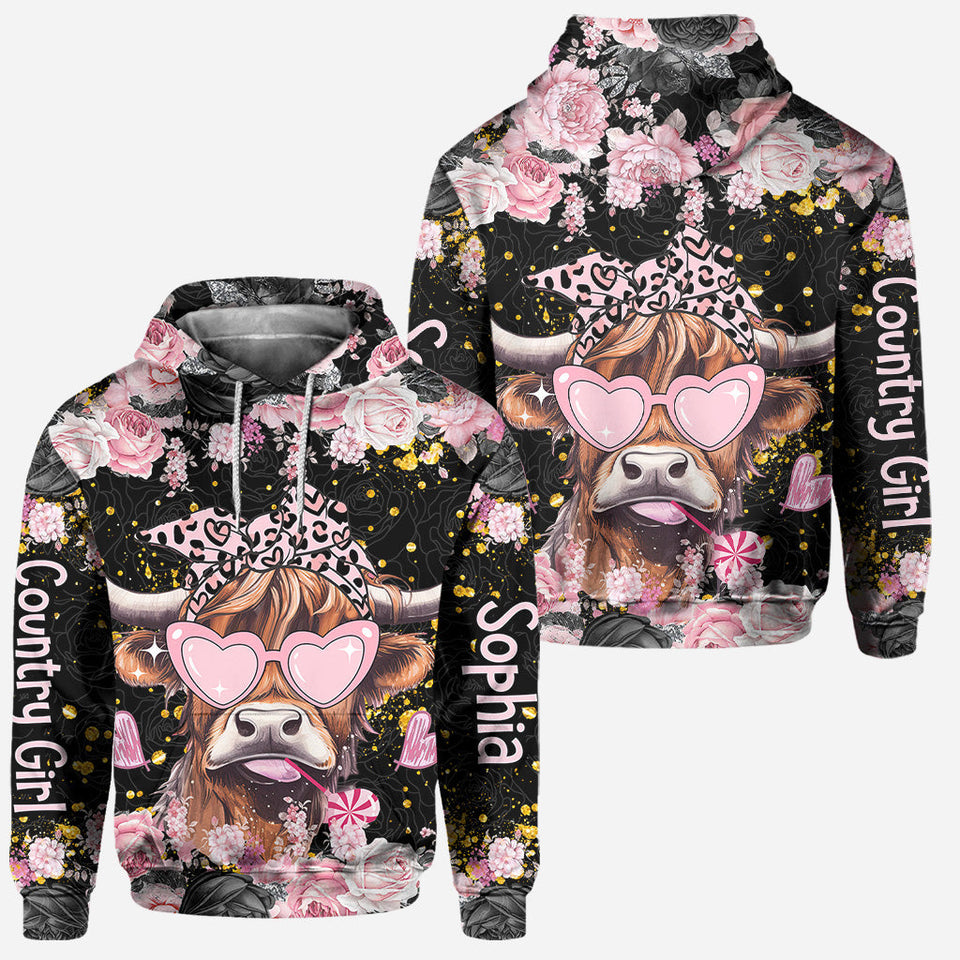 Black And Pink - Personalized Highland Cow Hoodie and Leggings