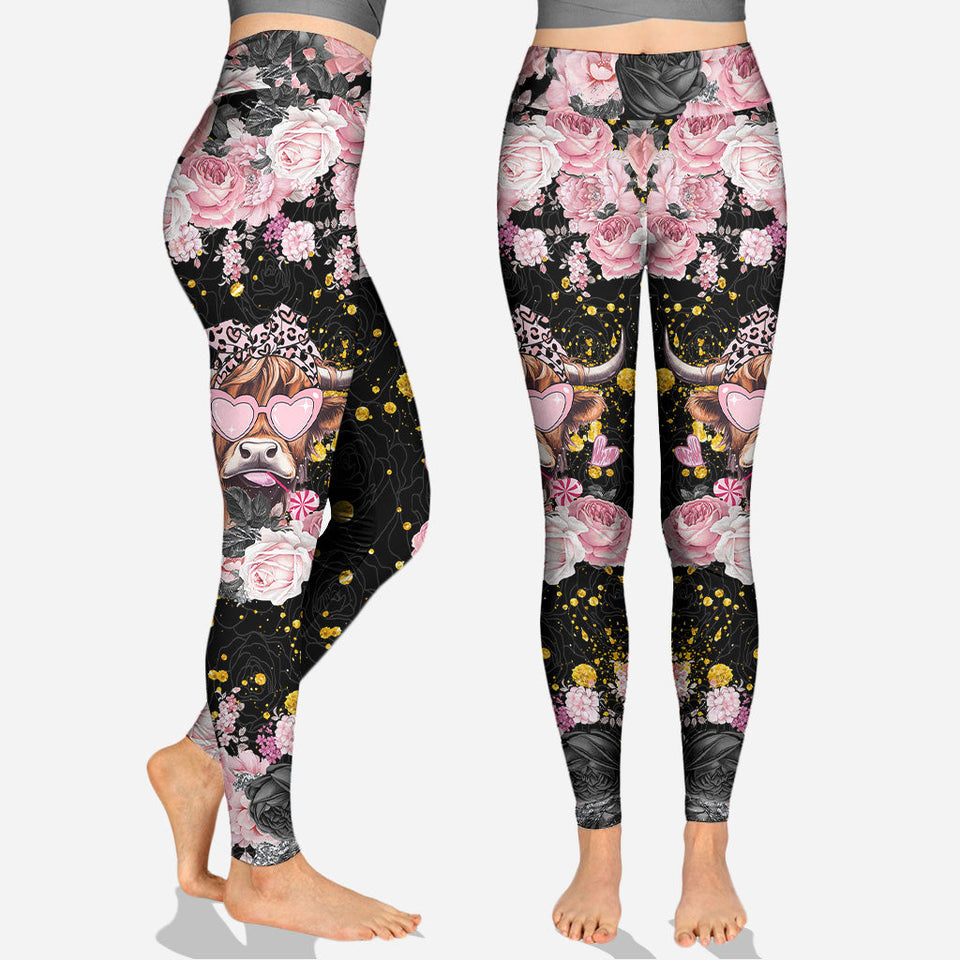 Black And Pink - Personalized Highland Cow Hoodie and Leggings