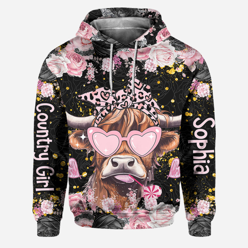 Black And Pink - Personalized Highland Cow Hoodie and Leggings