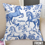 Horse Blue & White Toile de Jouy - Personalized Horse Throw Pillow