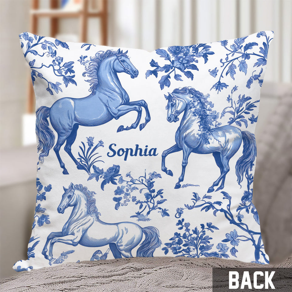 Horse Blue & White Toile de Jouy - Personalized Horse Throw Pillow