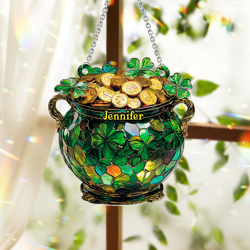 Pot Of Gold Shamrock - Personalized Saint Patrick's Day Window Hanging Suncatcher Ornament