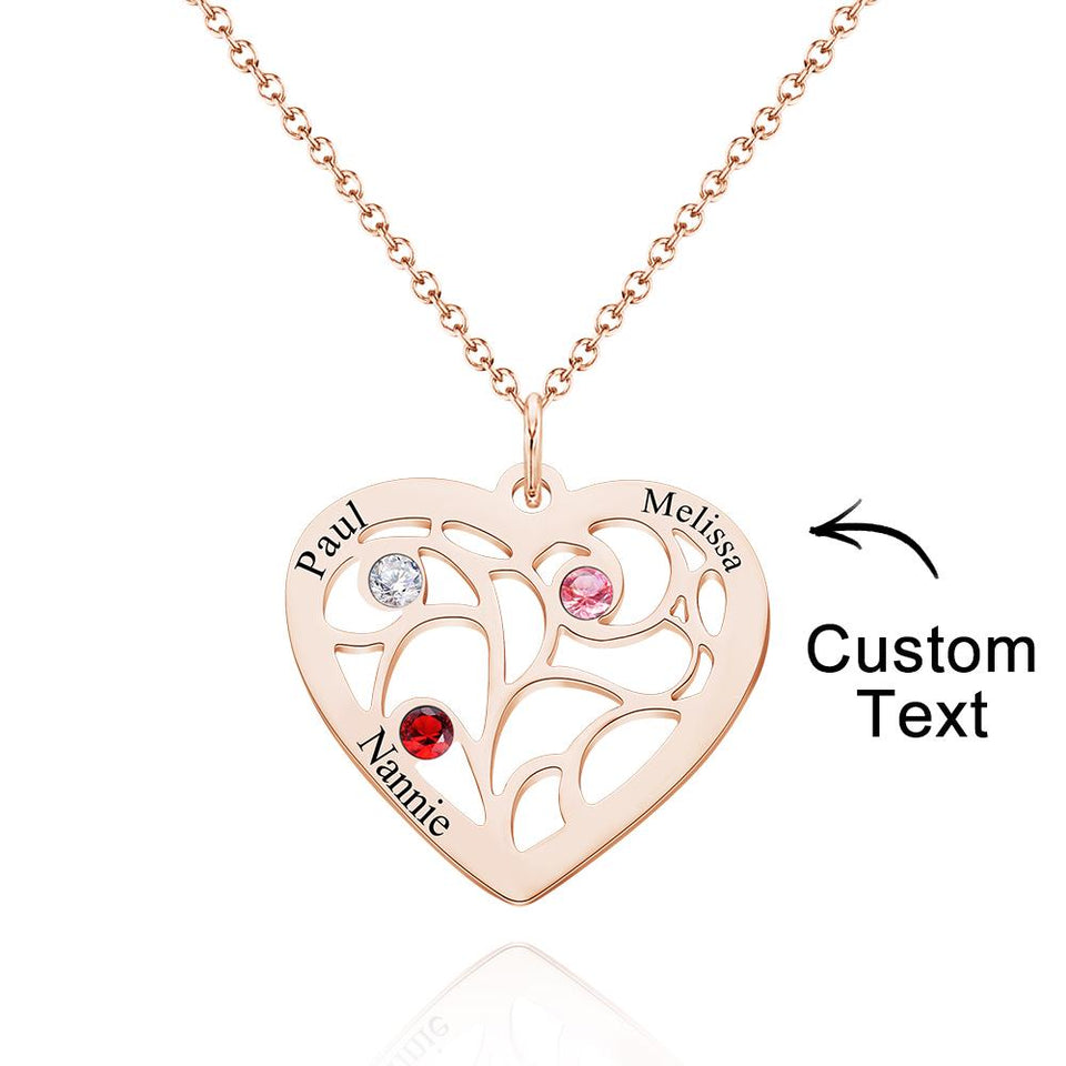 Our Family - Personalized Family Name Heart Pendant Necklace with Birthstone