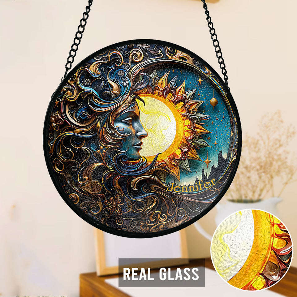 Live By The Sun Love By The Moon - Personalized Hippie Stained Glass Suncatcher