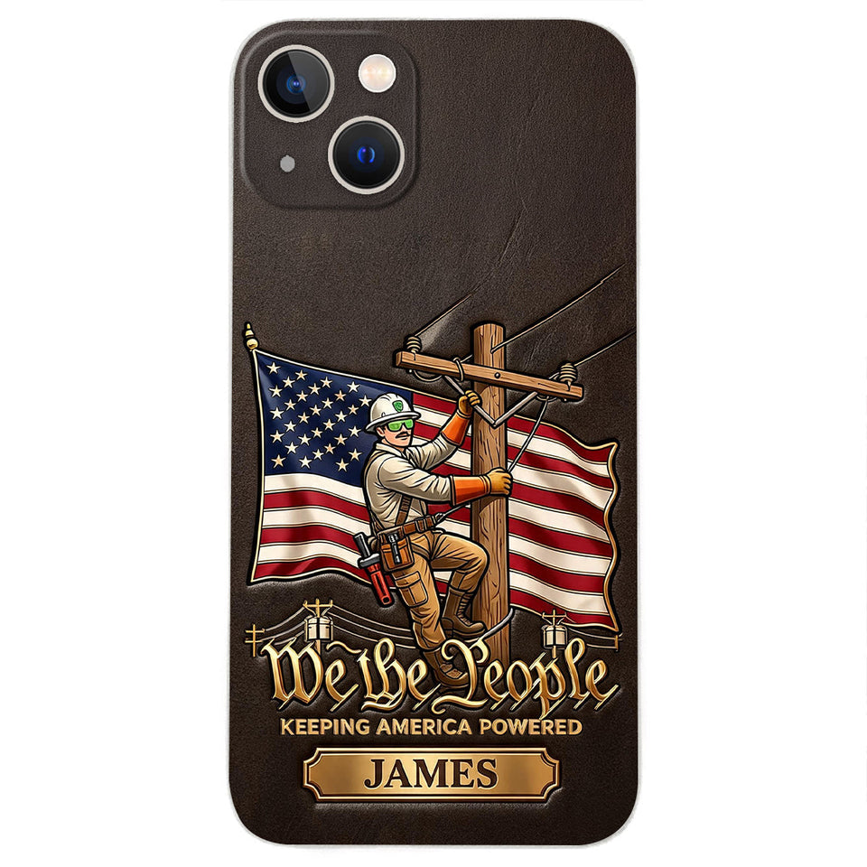 We The People - Personalized Lineman 3D Embossed Leather Phone Case