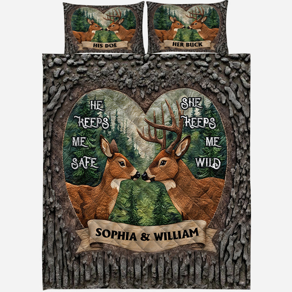 An Old Buck & His Sweet Doe - Personalized Hunting Quilt Set