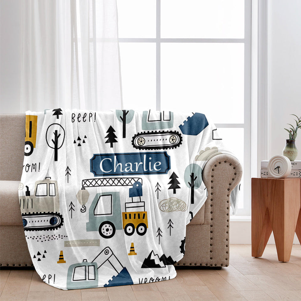 Cute Construction Vehicles - Personalized Kid Blanket