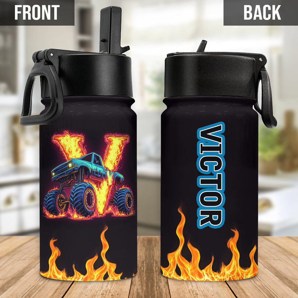 Boy's Cool Monster Truck Print Water Bottle - Personalized Kid Kids Water Bottle