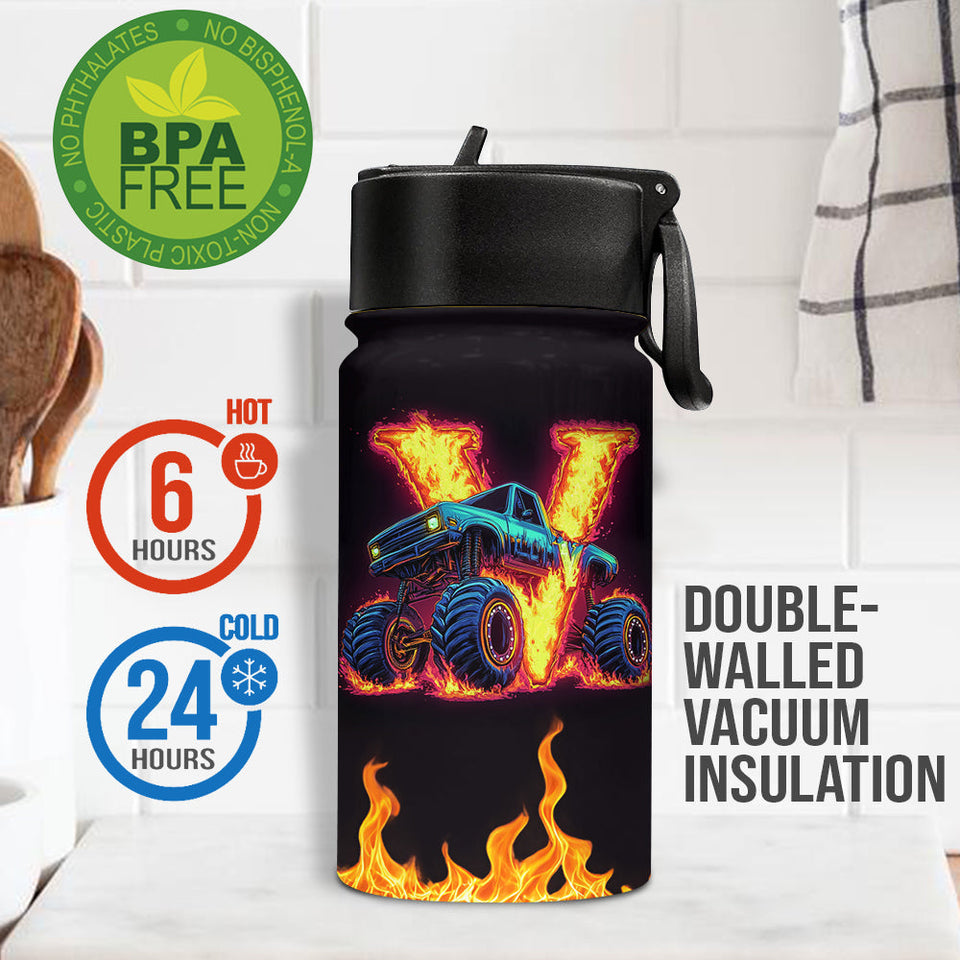 Boy's Cool Monster Truck Print Water Bottle - Personalized Kid Kids Water Bottle