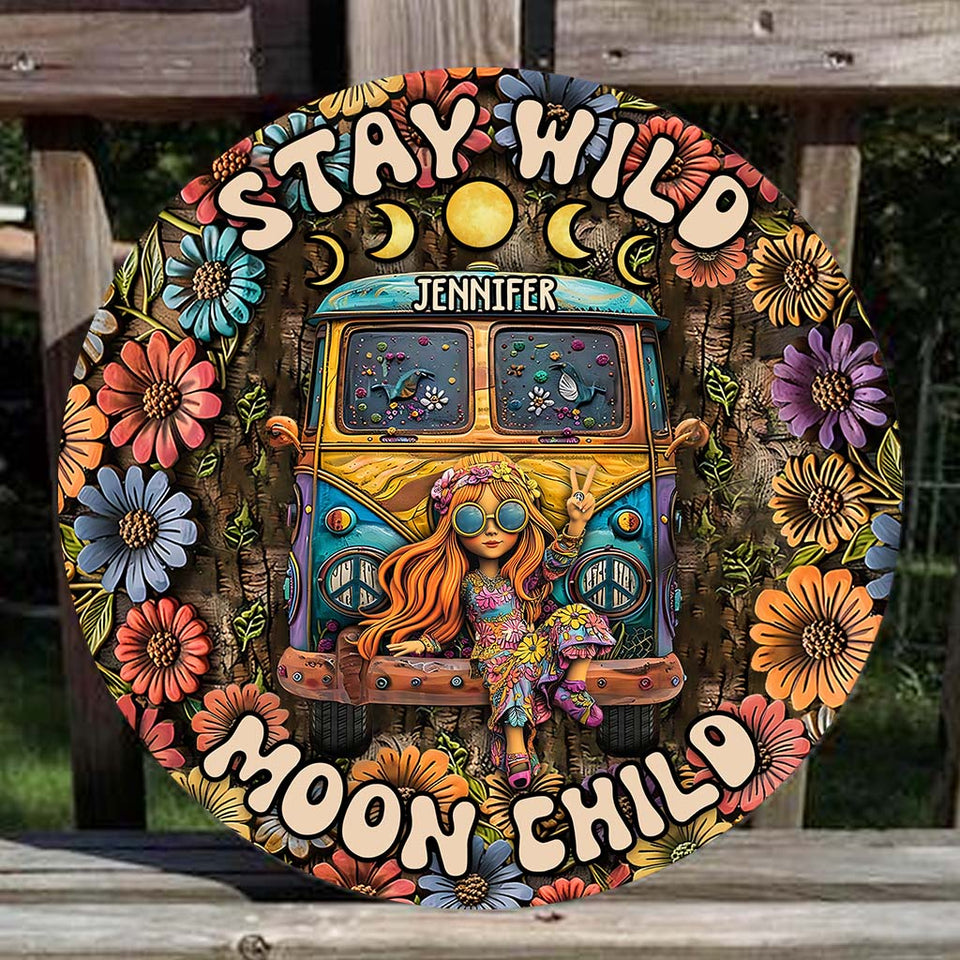 Stay Wild Moon Child - Personalized Hippie Round Wood Sign