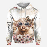 Cool Cow With Leopard Glasses - Personalized Highland Cow Hoodie and Leggings