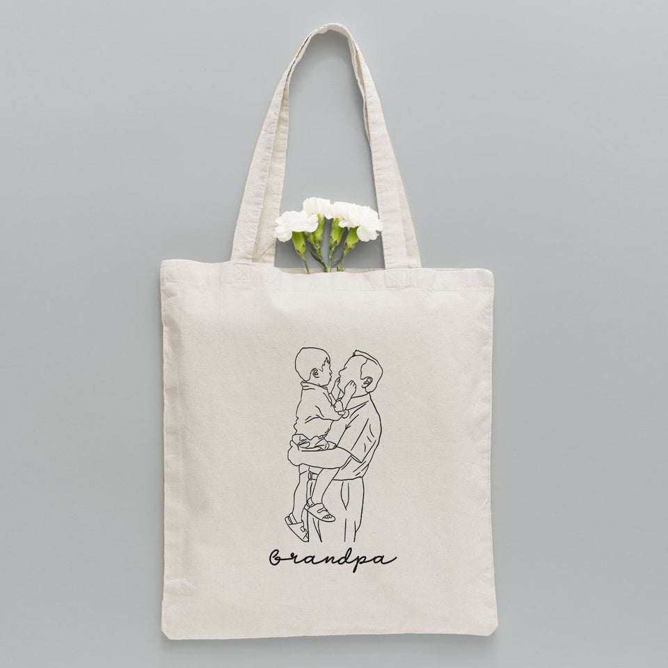 Custom Photo Line Art - Personalized Grandpa Embroidered Tote Bag