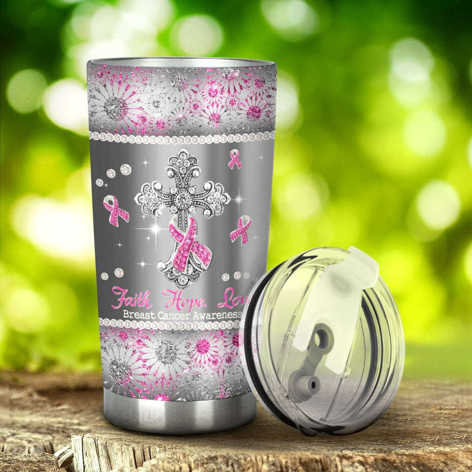 Gobelet de sensibilisation au cancer du sein « Foi, Espoir, Amour » avec imprimé à paillettes (réf. 0622)