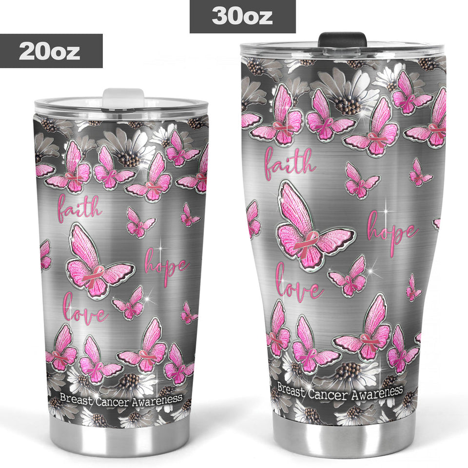 Gobelet isotherme Faith Hope Love - Sensibilisation au cancer du sein avec motif métallique imprimé 0622