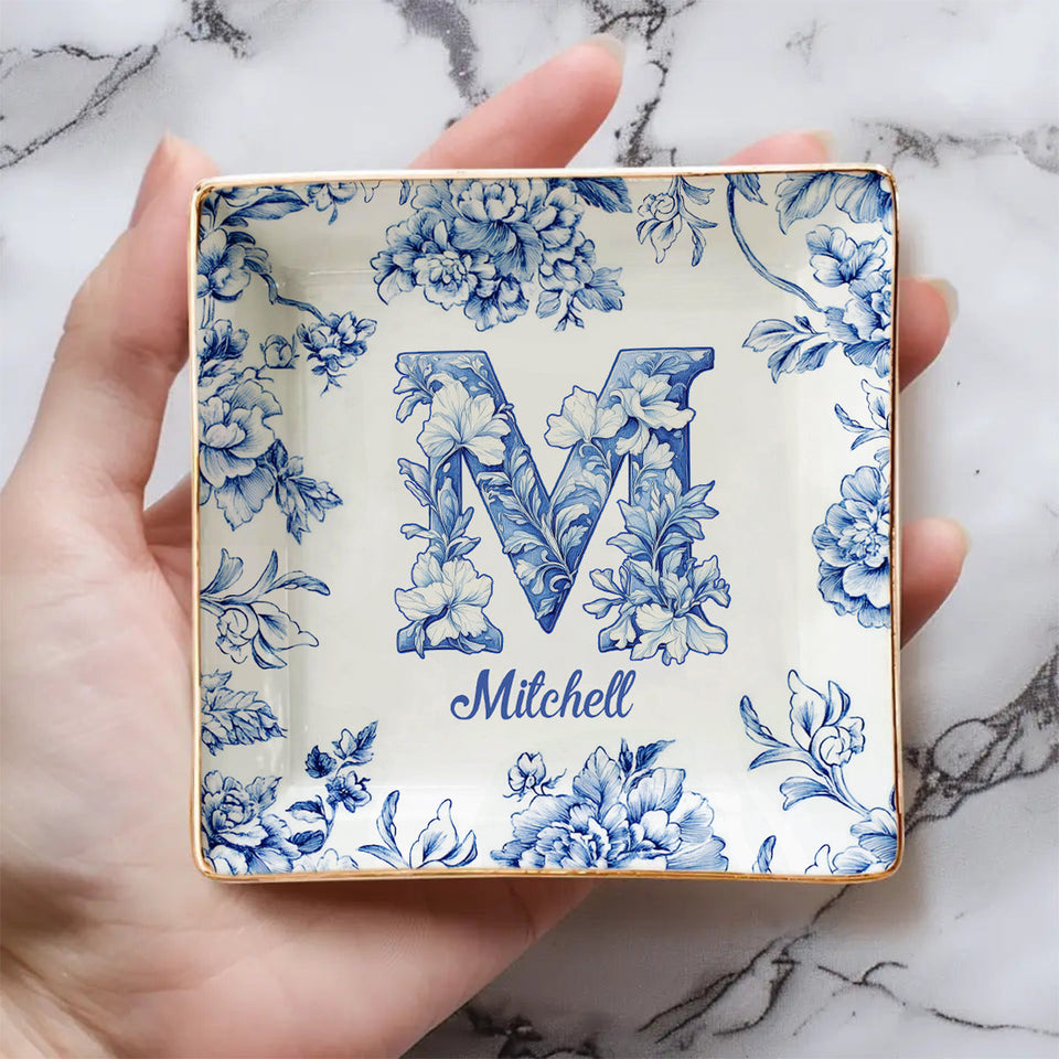 Blue & Pink Floral Toil Letter - Personalized Gift For Friend Fully Printed Jewelry Dish